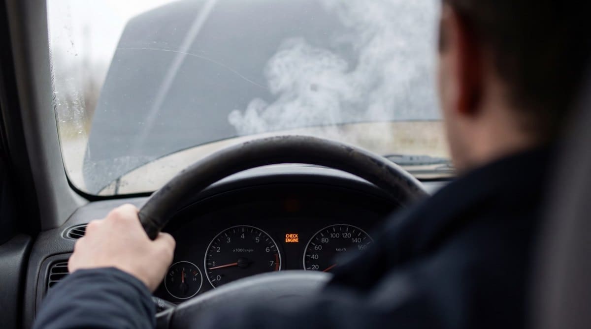 Driver at the wheel looking through a windscreen fogged with condensation