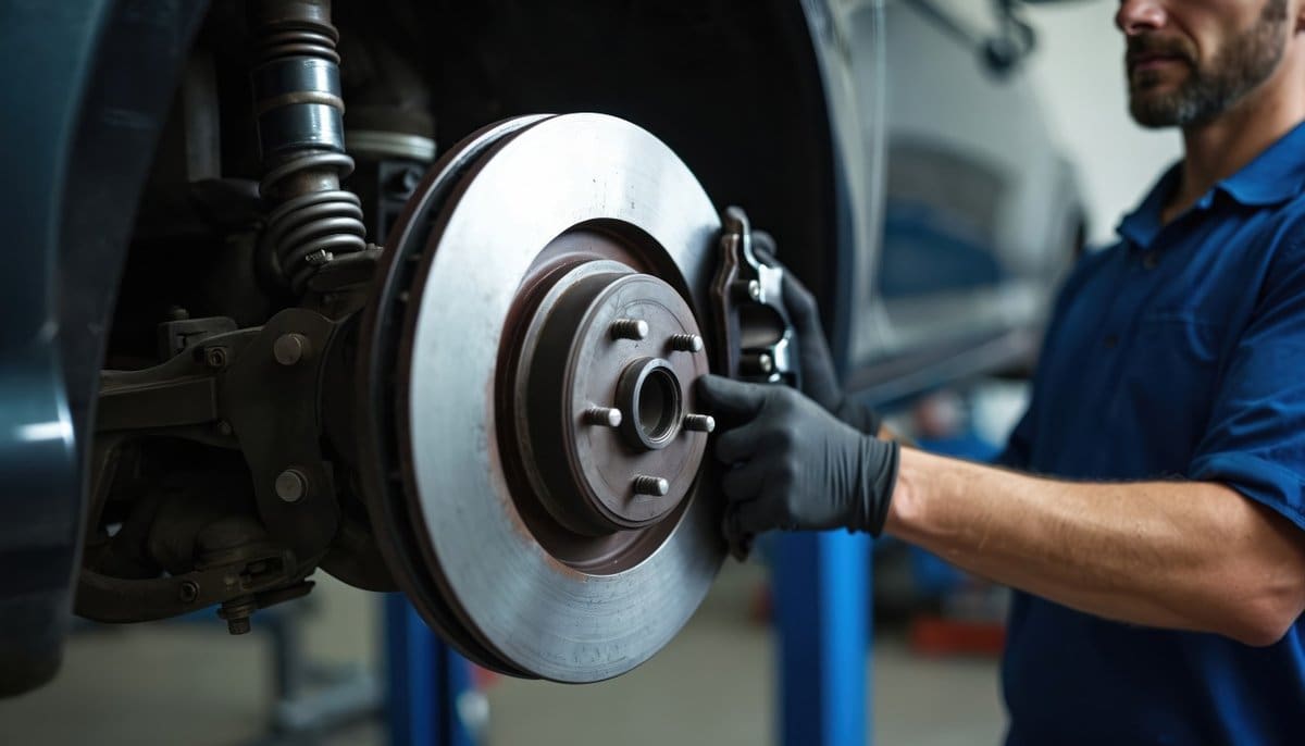 Technician inspecting a brake rotor and caliper on a lifted vehicle