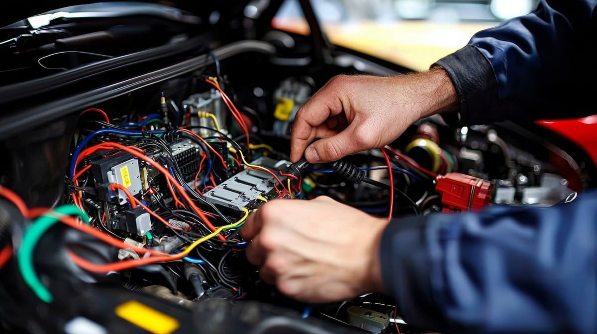 Technician working on a vehicle's electrical wiring under the hood