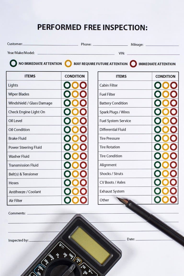 Printed multi-point vehicle inspection report with a pen and meter